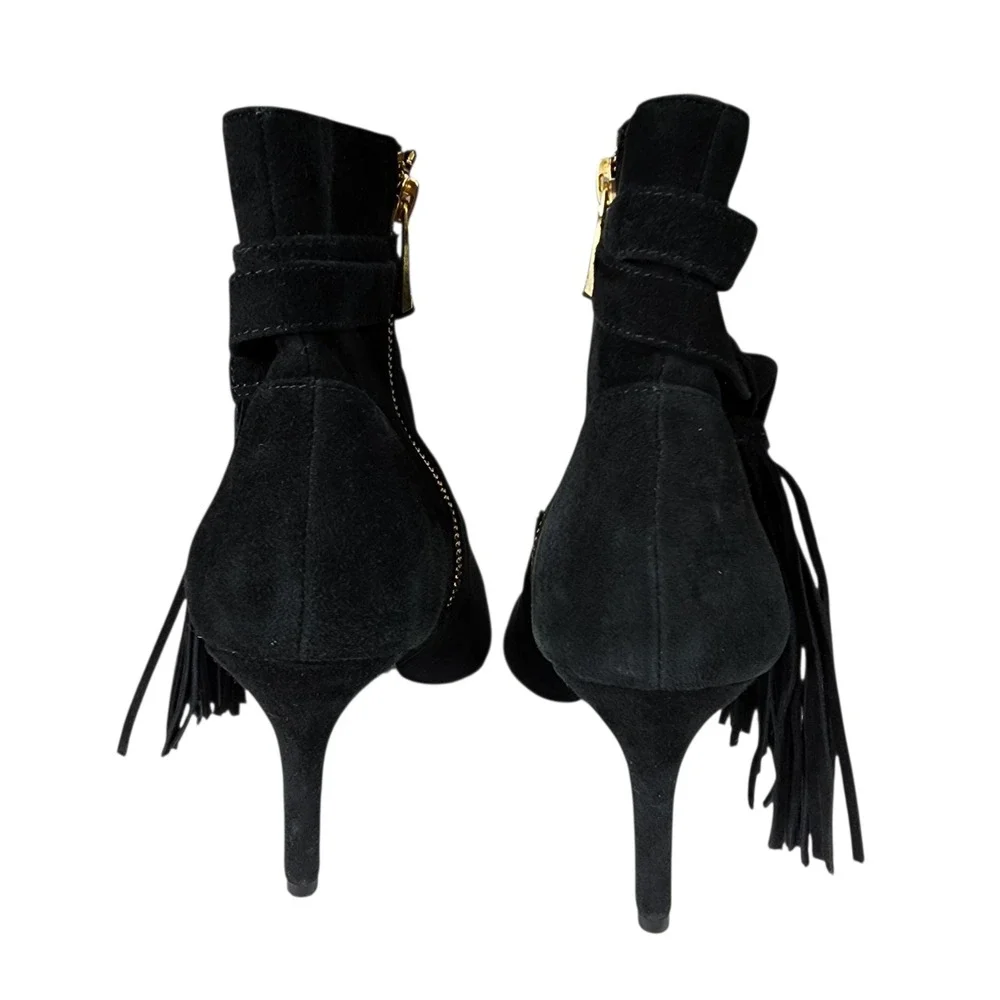Charles Jourdan Paris Ankle Boots sz 7 Women Black Suede Fringe‎ Pointed Toe